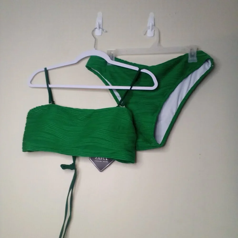 Zaful Swimsuit Bikini Women XL 2 Piece High Rise Ribbed Textured Green